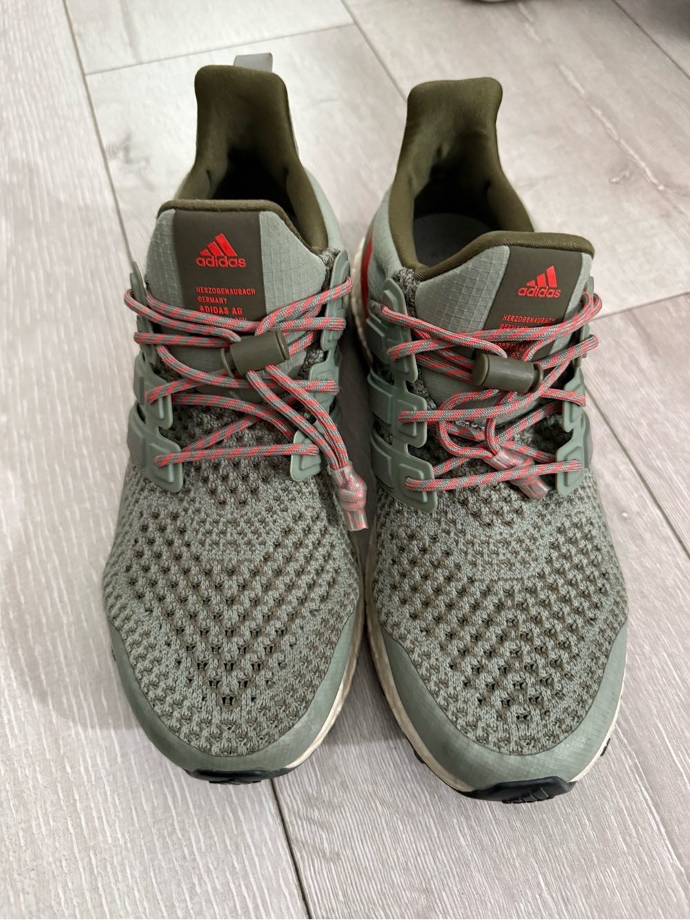 adidas Olive Green Knit Running Shoe with Coral Highlights - Picture 5 of 5